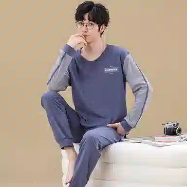 俏佳人 春秋季纯棉套头睡衣男士纯色休闲宽松可外穿青少年长袖长裤 家居套装  男款  灰蓝色