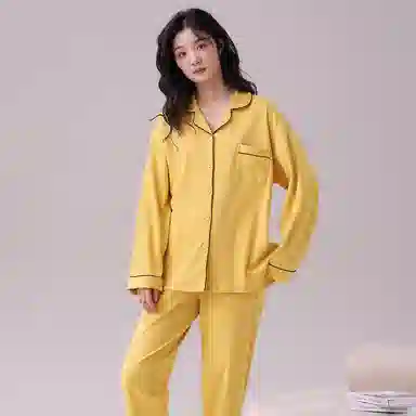 俏佳人 春秋季纯棉基础款开衫纽扣纯色睡衣女休闲长袖长裤宽松版可外穿 家居套装  女款  黄色