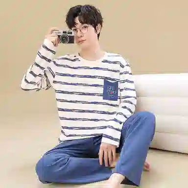 俏佳人 春秋季纯棉套头睡衣男士休闲宽松可外穿青少年长袖长裤 家居套装  男款  米白条纹