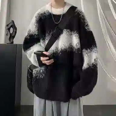 寻星记 美式高街复古慵懒风无性别撞色渐变拼接保暖长袖毛茸打底针织衫 男女同款