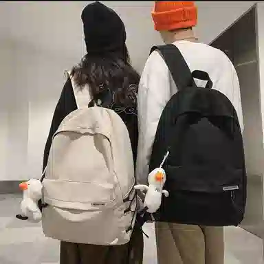 泰克森 简约大容量旅行休闲日系初高中大学生 尼龙 双肩包 男女同款情侣款 黑色/白色