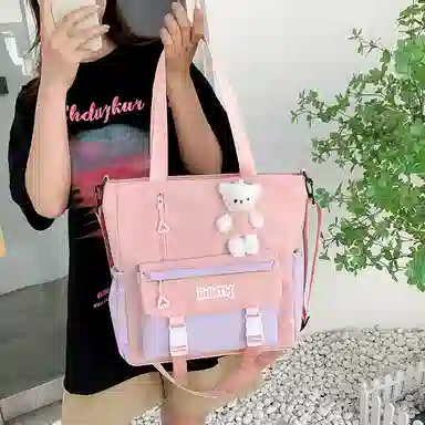 泰克森 大容量可爱高中生 尼龙 手拎书袋补习袋手提袋斜挎包 中号 男女同款情侣款 白色/米色/粉色/紫色/黑色