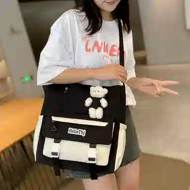 泰克森 大容量可爱高中生 尼龙 手拎书袋补习袋手提袋斜挎包 中号 男女同款情侣款 白色/米色/粉色/紫色/黑色