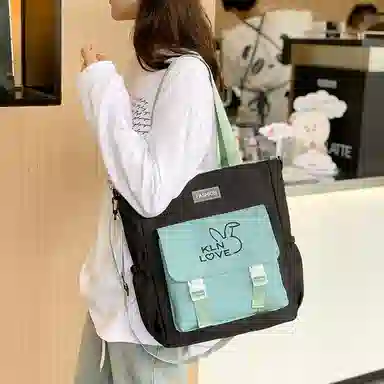 泰克森 初高中生大容量撞色拼接 复合布 单肩包 中号 男女同款情侣款 米白配粉色/卡其配米白/米白配棕色/米白配绿色/黑色配绿色