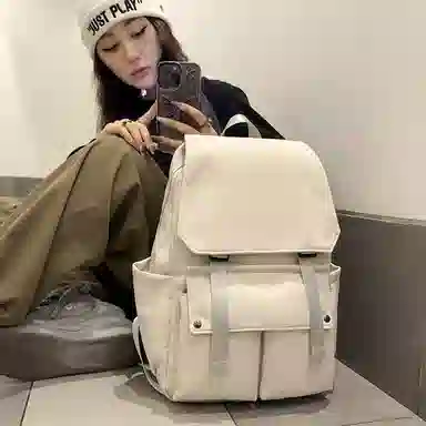 泰克森 开学季初中生纯色翻盖时尚潮流 尼龙 双肩包 男女同款情侣款 黑色/白色/蓝色/咖色