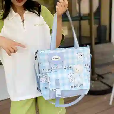 泰克森 大容量卡通补习袋手提补课包中小学生格子尼龙单肩斜挎包男女通用多色