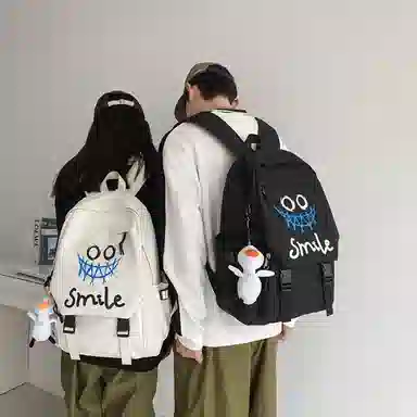 泰克森 大容量学生书包原宿风潮酷背包 尼龙 双肩包 男女同款情侣款 黑色/白色