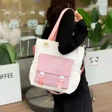 泰克森 初高中生大容量撞色拼接 复合布 单肩包 中号 男女同款情侣款 米白配粉色/卡其配米白/米白配棕色/米白配绿色/黑色配绿色