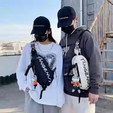 泰克森 拉链开合 尼龙布 单肩包 小号 男女同款情侣款 黑/白