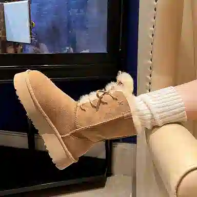 皮毛一体百搭通勤潮流时尚保暖 短中筒 雪地靴 女 栗色