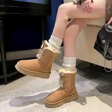 皮毛一体百搭通勤潮流时尚保暖 短中筒 雪地靴 女 栗色