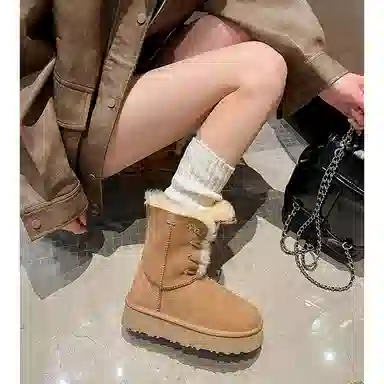 皮毛一体百搭通勤潮流时尚保暖 短中筒 雪地靴 女 栗色