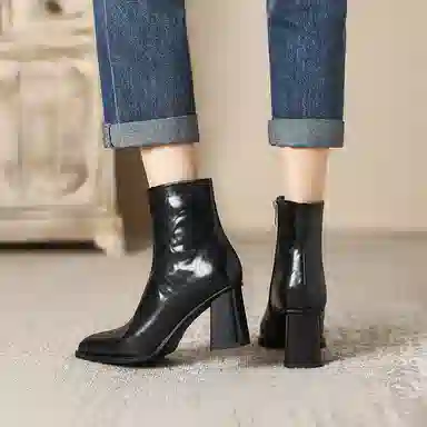 子骁 牛皮 尖头粗跟 潮流百搭 法式复古 短靴 女款