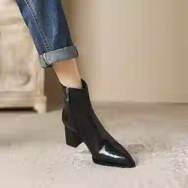 子骁 牛皮 尖头粗跟 潮流百搭 法式复古 短靴 女款