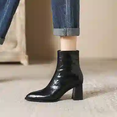 子骁 牛皮 尖头粗跟 潮流百搭 法式复古 短靴 女款