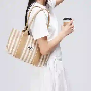 艺溯 野餐托特包 时尚通勤百搭小众设计条纹夏天高颜值早八上课通勤 织物 单肩包腋下包手提 中号 女款 姜饼色
