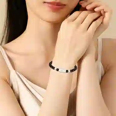 【S999足银纯银 高品质】 七七银饰 法棍猫 甜美时尚小清新 萌趣可爱创意 纳福转运珠 潮流个性小众 通勤百搭 黑曜石 手串 男女同款情侣款