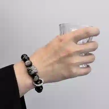 【S999足银纯银 时来运转】 七七银饰 醒狮 暴富发财 幸运守护转运珠 轻奢时尚简约大气 潮流个性 好运 黑曜石 手串 男女同款情侣款