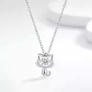 【S999足银 高品质】 七七银饰 可爱猫咪 萌宠招财猫 灵动爆闪锆石 经典百搭叠戴锁骨链 甜美梦幻甜蜜告白 纯银 项链 女款