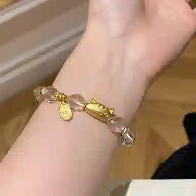 【S925银 高品质】 七七银饰 萌趣法棍招财猫 小众简约设计感 甜美可爱童真小猫咪 潮流时尚经典百搭 梦幻童话 天然 白水晶 手链 女款