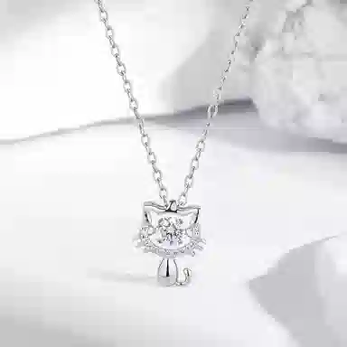 【S999足银 高品质】 七七银饰 可爱猫咪 萌宠招财猫 灵动爆闪锆石 经典百搭叠戴锁骨链 甜美梦幻甜蜜告白 纯银 项链 女款