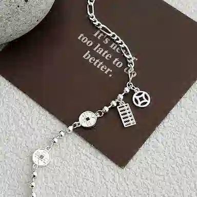 【S925纯银 财源滚滚】 七七银饰 钱币算盘 招财纳福马上有钱花 新中式盘缠平安福 轻奢好运钱币气质 通勤百搭  银 手链 女款