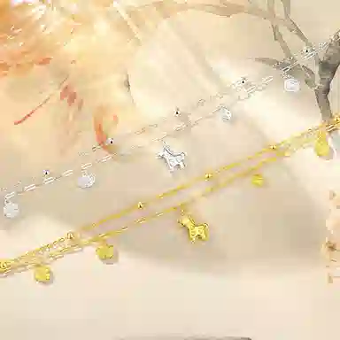 【S925银 马上有钱】 七七银饰  招财纳福 童趣可爱双层叠戴链 元宝铜钱四叶草爱心 时尚简约轻奢经典百搭 好运 纯银 手链 女款