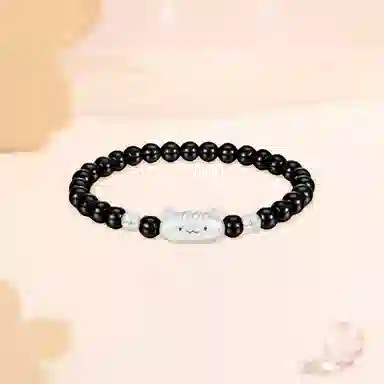 【S999足银纯银 高品质】 七七银饰 法棍猫 甜美时尚小清新 萌趣可爱创意 纳福转运珠 潮流个性小众 通勤百搭 黑曜石 手串 男女同款情侣款