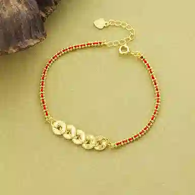 【S925纯银 转运招财】 七七银饰 五帝钱币 新中式 手工编织红手绳 轻奢小众设计简约 可调节高级首饰 好运  银 手链 女款