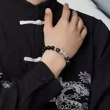 【S999足银纯银】貔貅 七七银饰  新中式 发财暴富盘缠 福气满满平安顺遂招财纳福 百搭 日常通勤 天然 黑曜石 手串 男女同款情侣款