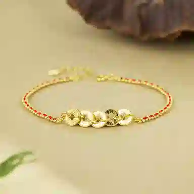 【S925纯银 转运招财】 七七银饰 五帝钱币 新中式 手工编织红手绳 轻奢小众设计简约 可调节高级首饰 好运  银 手链 女款