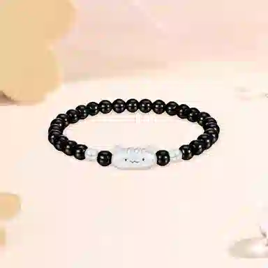 【S999足银纯银 高品质】 七七银饰 法棍猫 甜美时尚小清新 萌趣可爱创意 纳福转运珠 潮流个性小众 通勤百搭 黑曜石 手串 男女同款情侣款