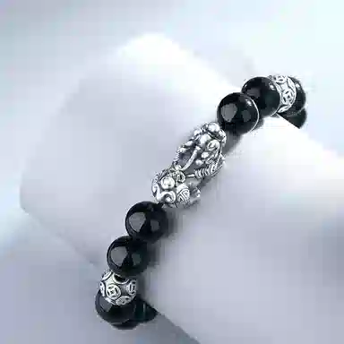 【S999足银纯银】好运貔貅 七七银饰  新中式  发财暴富  福气满满 平安顺遂招财纳福  简约大气天然 黑曜石 手串 男女同款情侣款