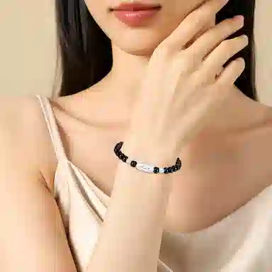 【S999足银纯银 高品质】 七七银饰 法棍猫 甜美时尚小清新 萌趣可爱创意 纳福转运珠 潮流个性小众 通勤百搭 黑曜石 手串 男女同款情侣款