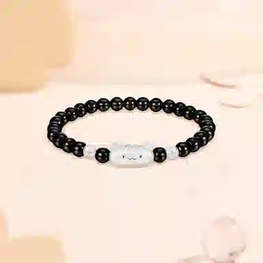 【S999足银纯银 高品质】 七七银饰 法棍猫 甜美时尚小清新 萌趣可爱创意 纳福转运珠 潮流个性小众 通勤百搭 黑曜石 手串 男女同款情侣款