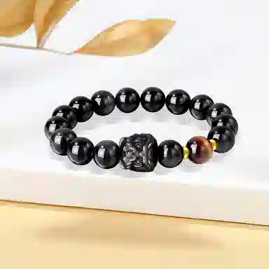 【S925纯银 福气满满】 七七银饰 醒狮 国潮复古新中式 轻奢大气简约时尚 个性潮流酷炫 招财纳福转运珠#好运 黑曜石 手串 男女同款情侣款