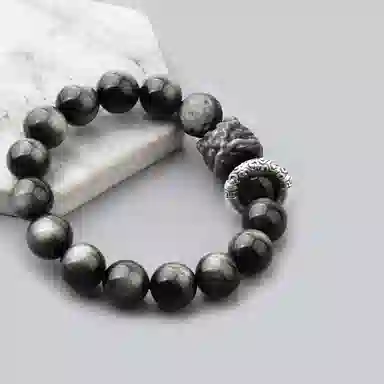 【S999足银纯银 时来运转】 七七银饰 醒狮 暴富发财 幸运守护转运珠 轻奢时尚简约大气 潮流个性 好运 黑曜石 手串 男女同款情侣款