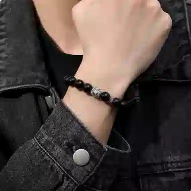 【S999足银纯银】  七七银饰 转运 国潮复古设计风 吉祥如意 平安好运 事事如意 招财纳福天然 黑曜石 玉石手串 男款