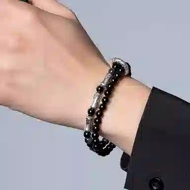 【S999足银纯银 节节高升】 七七银饰  万事如意 气质小众设计新中式本命年 轻奢简约八方来财招财纳福 学生 黑曜石 手串 男女同款情侣款