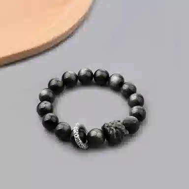 【S999足银纯银 时来运转】 七七银饰 醒狮 暴富发财 幸运守护转运珠 轻奢时尚简约大气 潮流个性 好运 黑曜石 手串 男女同款情侣款