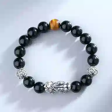 【S999足银纯银】好运貔貅 七七银饰  新中式  发财暴富  福气满满 平安顺遂招财纳福  简约大气天然 黑曜石 手串 男女同款情侣款