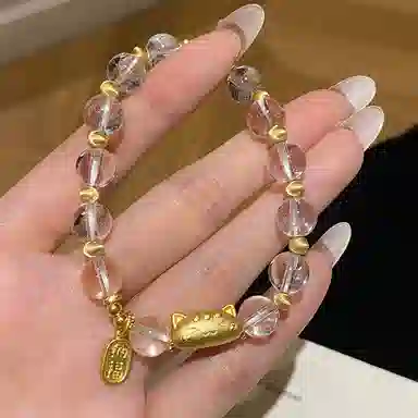 【S925银 高品质】 七七银饰 萌趣法棍招财猫 小众简约设计感 甜美可爱童真小猫咪 潮流时尚经典百搭 梦幻童话 天然 白水晶 手链 女款