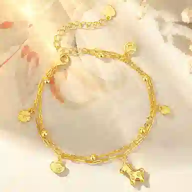 【S925银 马上有钱】 七七银饰  招财纳福 童趣可爱双层叠戴链 元宝铜钱四叶草爱心 时尚简约轻奢经典百搭 好运 纯银 手链 女款