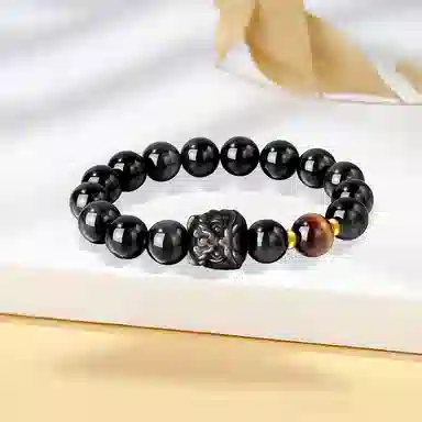 【S925纯银 福气满满】 七七银饰 醒狮 国潮复古新中式 轻奢大气简约时尚 个性潮流酷炫 招财纳福转运珠#好运 黑曜石 手串 男女同款情侣款