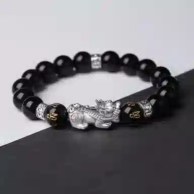 【S999足银纯银】貔貅 七七银饰  新中式 发财暴富盘缠 福气满满平安顺遂招财纳福 百搭 日常通勤 天然 黑曜石 手串 男女同款情侣款