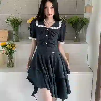 桴生 美式复古格纹收腰娃娃领不规则蛋糕式辣妹裙短袖连衣裙 女款