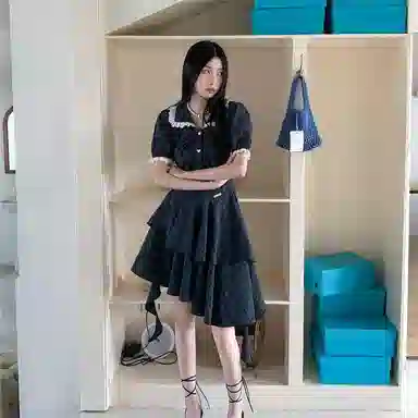 桴生 美式复古格纹收腰娃娃领不规则蛋糕式辣妹裙短袖连衣裙 女款