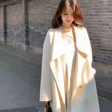 桴生 韩系时尚舒适纯色羊毛长款双排扣领设计感通勤慵懒风毛呢大衣 女款