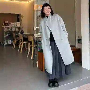 桴生 韩系时尚舒适纯色羊毛长款双排扣领设计感通勤慵懒风毛呢大衣 女款