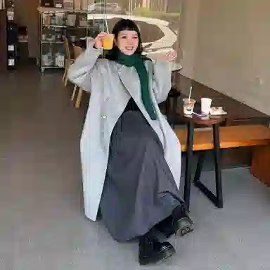 桴生 韩系时尚舒适纯色羊毛长款双排扣领设计感通勤慵懒风毛呢大衣 女款